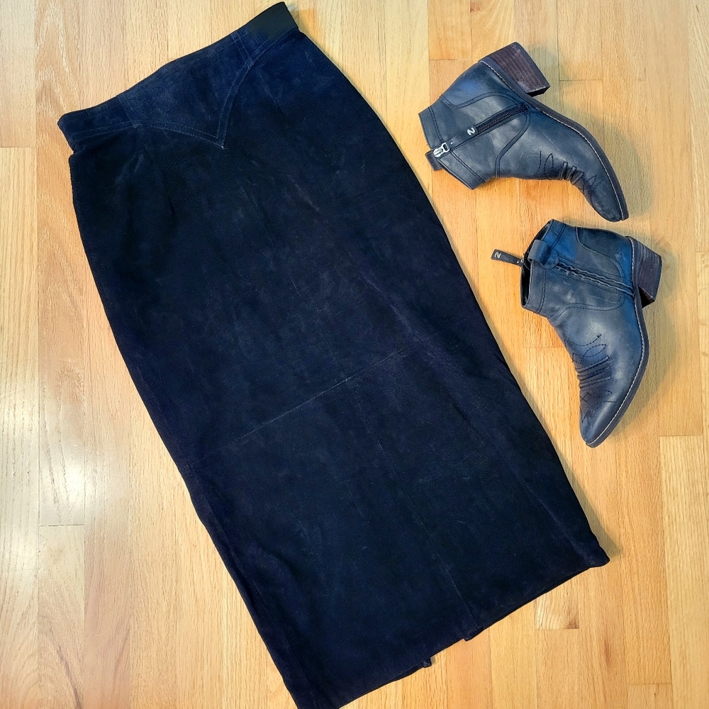 🐈‍⬛ VTG Black Suede Leather Pencil Skirt Casual Corner Sz 4/S